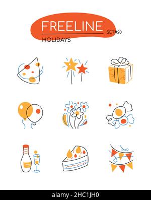 Holidays - modern line design style icons set in orange color. Party, festive mood, hat, sparklers, gifts, balls, sweets, champagne, decorations, flow Stock Vector