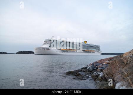 LNG-powered cruise ship Costa Toscana leaving Turku after the delivery from Meyer Turku Shipyard on December 3, 2021. Stock Photo