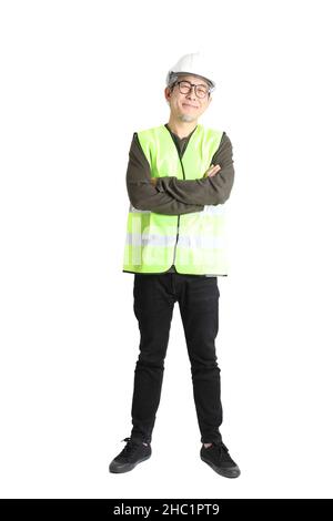 The senior asian man in labor uniform on the white background. Stock Photo