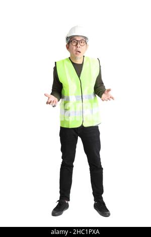 The senior asian man in labor uniform on the white background. Stock Photo