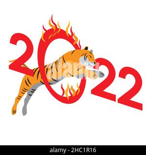 Tiger jumping throw burning zero in number 2022 Stock Vector