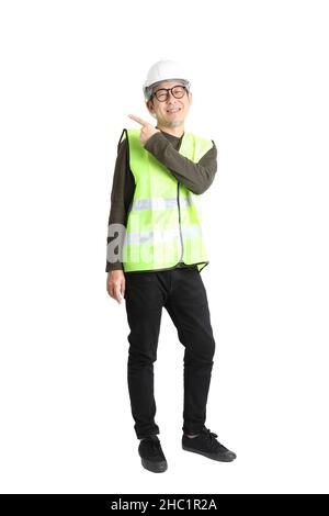 The senior asian man in labor uniform on the white background. Stock Photo