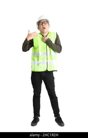 The senior asian man in labor uniform on the white background. Stock Photo