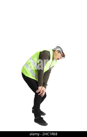 The senior asian man in labor uniform on the white background. Stock Photo