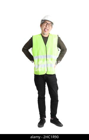 The senior asian man in labor uniform on the white background. Stock Photo