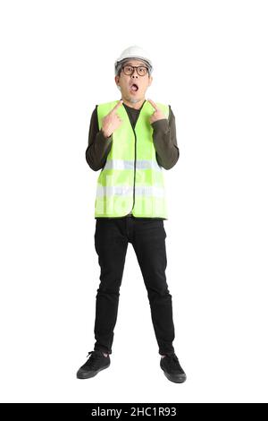 The senior asian man in labor uniform on the white background. Stock Photo