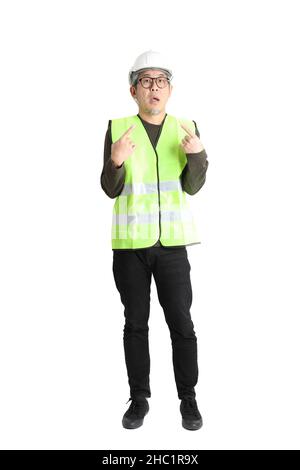The senior asian man in labor uniform on the white background. Stock Photo