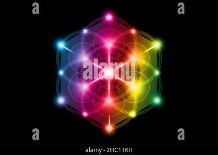 Seed of life, Sacred Geometry, Flower of Life, Metatrons Cube colorful gradient light logo Symbol of Harmony and Balance, Glowing Geometrical sign Stock Vector