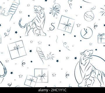 Seamless pattern with tiger head, cloud, peony flower in light blue ink colors, modern stylized chinoiserie decor at white background. 2022 chinese ne Stock Vector