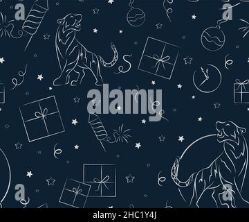 dark blue Seamless pattern with tiger head, cloud, peony flower in light blue ink colors, modern stylized chinoiserie decor at white background. 2022 Stock Vector