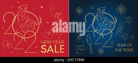 set of CNY 2022 greeting cards Happy Chinese New Year, golden tiger cat, Lunar festival vector decoration, holiday sale Stock Vector