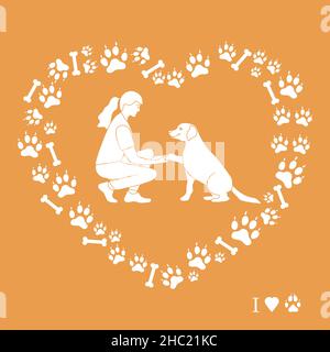 Vector illustration Woman and labrador playing together Dog gives paw on background of dog tracks, bones in the shape of heart Owner teaching pet comm Stock Vector