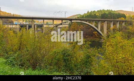 Concrete Arch Span Railway Bridge Over West Morava River Stock Photo