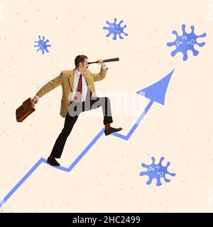 Contemporary art collage. Businessman looking in telescope surrounded by virus cells Stock Photo