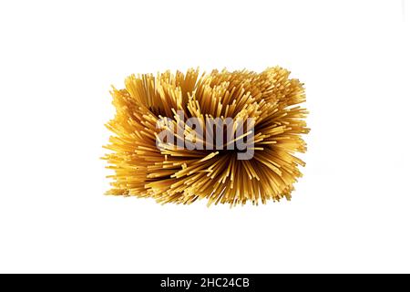 Uncooked spaghetti, top view shooting on white background Stock Photo