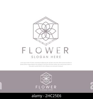 Geometric line art rose logo in beautiful floral frame in hexagons. vector line icon template Stock Vector