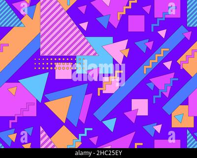 Geometric seamless pattern in 80s memphis style. Geometric shapes with black strokes. Design of promotional items, wrapping paper, brochures and print Stock Vector