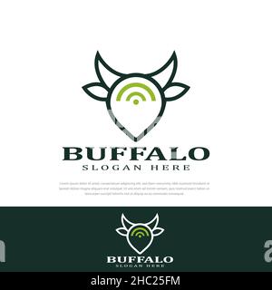 Buffalo head logo graphic art map location signal, illustration, design template, symbol, icon, vector Stock Vector