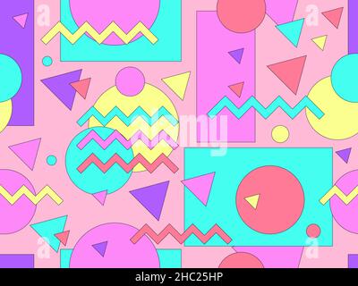 Geometric seamless pattern in 80s memphis style. Geometric shapes with black strokes. Design of promotional items, wrapping paper, brochures and print Stock Vector