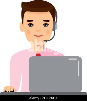 Man Helpline Operator with Headset at his Desk with Laptop Computer. Stock Vector