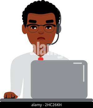 Man Helpline Operator with Headset at his Desk with Laptop Computer. Stock Vector