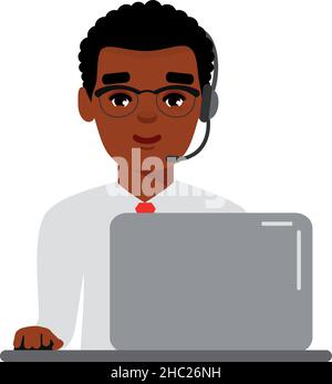 Man Helpline Operator with Headset at his Desk with Laptop Computer. Stock Vector