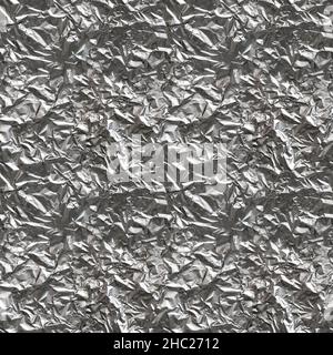 Seamless texture of crumpled aluminum foil sheet. Four fragments in one. Top view. Stock Photo