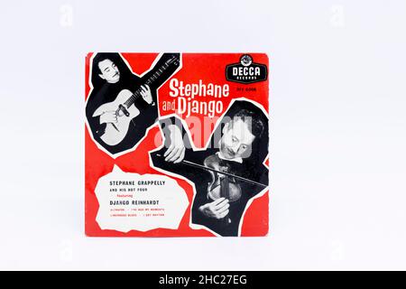 picture cover of old 45 rpm single vinyl record featuring Stephane Grappeli and Django Reinhardt on Decca records isolated on white studio background Stock Photo