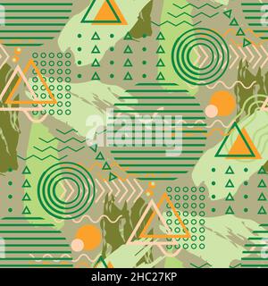 Abstract Memphis style vector seamless pattern. 80s hipster design background. Modern backdrop with scattered circles, zigzag, wave, triangles, lines Stock Vector
