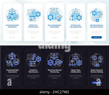 Digital twin benefits night and day mode onboarding mobile app screen Stock Vector