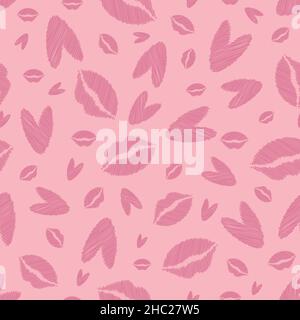 Vector scribbled lips and hearts seamless pattern background. Monochrome pink backdrop with pencil drawing style female kiss and heart motifs Stock Vector