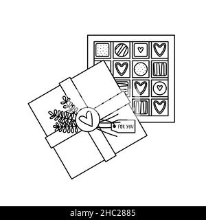 Vector illustration of a gift box of chocolates for Valentines day. Line art. Stock Vector