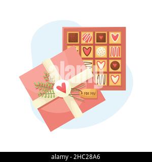 Vector illustration of a gift box of chocolates for Valentines day. Flat style. Stock Vector
