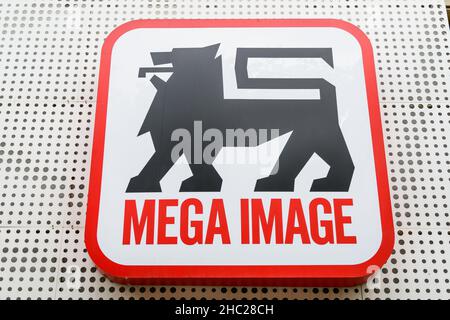 Bucharest, Romania - June 6, 2020: Entry sign with logo for Mega Image supermarket Stock Photo