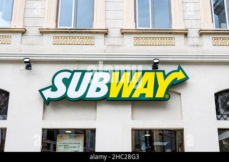 Bucharest, Romania - June 6, 2020: Entry sign with logo for Subway Stock Photo