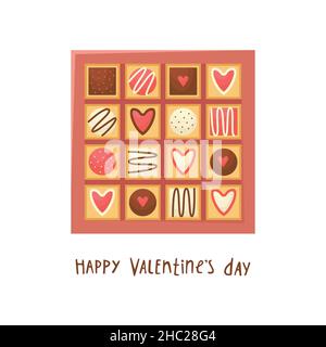 Vector illustration of a gift box of chocolates for Valentines day. Flat style. Stock Vector