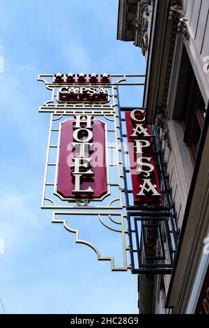 Bucharest, Romania - June 6, 2020: Logo displayed at the entry of Capsa Hotel in downtown Stock Photo