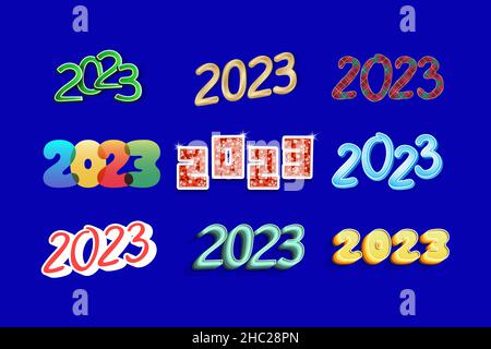 Colorful set 2023 calendar dates on blue background, icons templates for New Year s design. Stock Vector