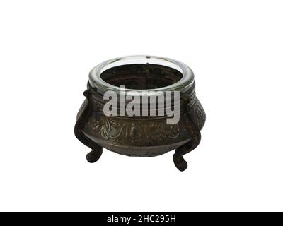 Isolated empty old metal bowl for salt, pepper or other condiment on the white background Stock Photo