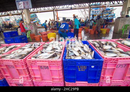 Mahachai Samutsakhon, Thailand - November 7, 2020 : Unidentified people wear surgical mask and choosing seafood fish at Mahachai fresh market Stock Photo