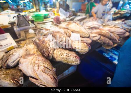 Mahachai Samutsakhon, Thailand - November 7, 2020 : Unidentified people wear surgical mask and choosing seafood fish at Mahachai fresh market Stock Photo