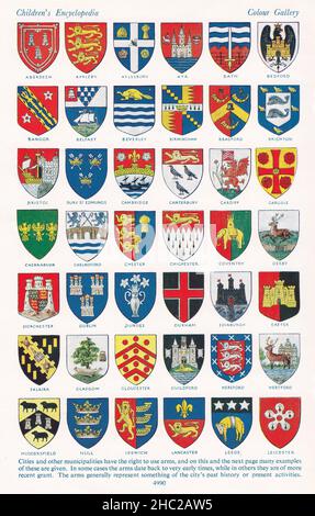 Vintage illustrations of 'A Pageant of Heraldry' - A colour gallery of Coats-of-Arms.  Cities and other Municipalities. Stock Photo