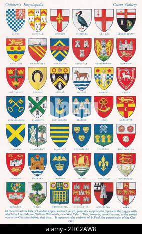 Vintage illustrations of 'A Pageant of Heraldry' - A colour gallery of Coats-of-Arms.  Cities and other Municipalities Stock Photo