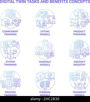Digital twin tasks and benefits blue gradient concept icons set Stock Vector