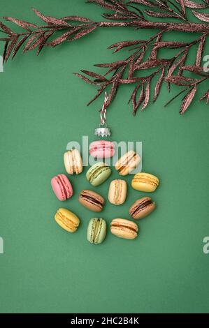 Abstract Different Macaroons Christmas Ball Hanging In Tree Stock Photo