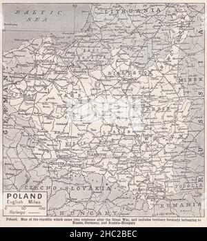 Vintage map of Poland - Republic after the Great War, and includes territory formerly belonging to Russia, Germany and Austria-Hungary 1930s. Stock Photo