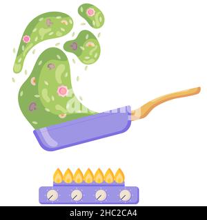 Risotto splashing out of the pan while stirring the frying dish. Rice with mushrooms, crabs standing on a stove with fire. Illustration for a cookbook Stock Vector