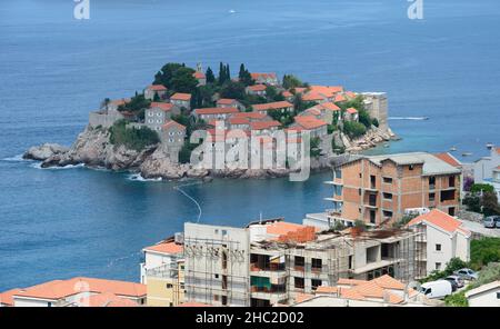 High angle view towards Sveti Stefan islet near Budva, Montenegro. Stock Photo