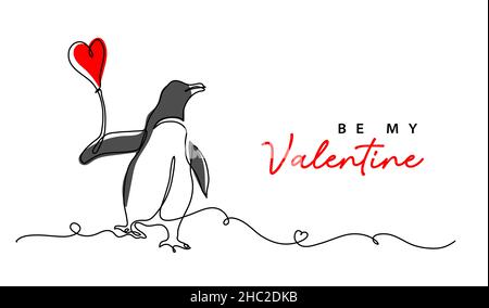 Be my Valentine minimal vector greeting card design with penguin and red heart balloon. One continuous line art drawing, background, banner, poster Stock Vector