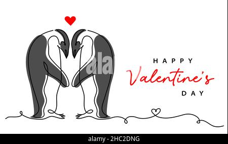 Happy Valentines day simple minimal vector greeting card design with couple of penguins. One continuous line art drawing, background, banner, poster Stock Vector